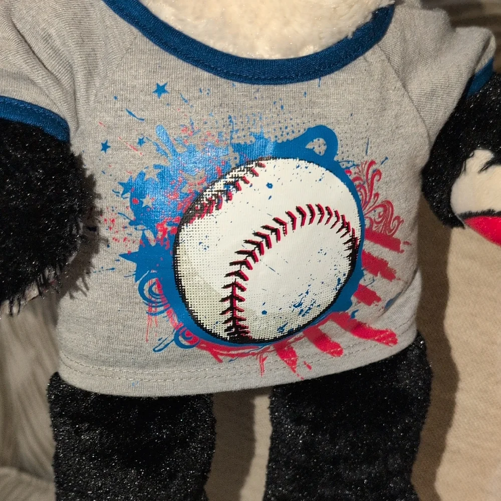 Build-A-Bear Black and White Plush Dog with Heart Eye and Baseball Shirt
